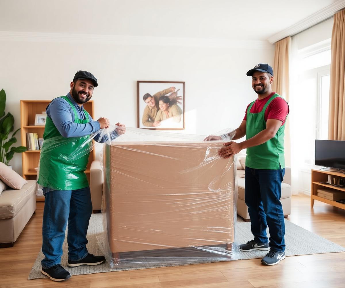 Packers wrapping household furniture with protective material