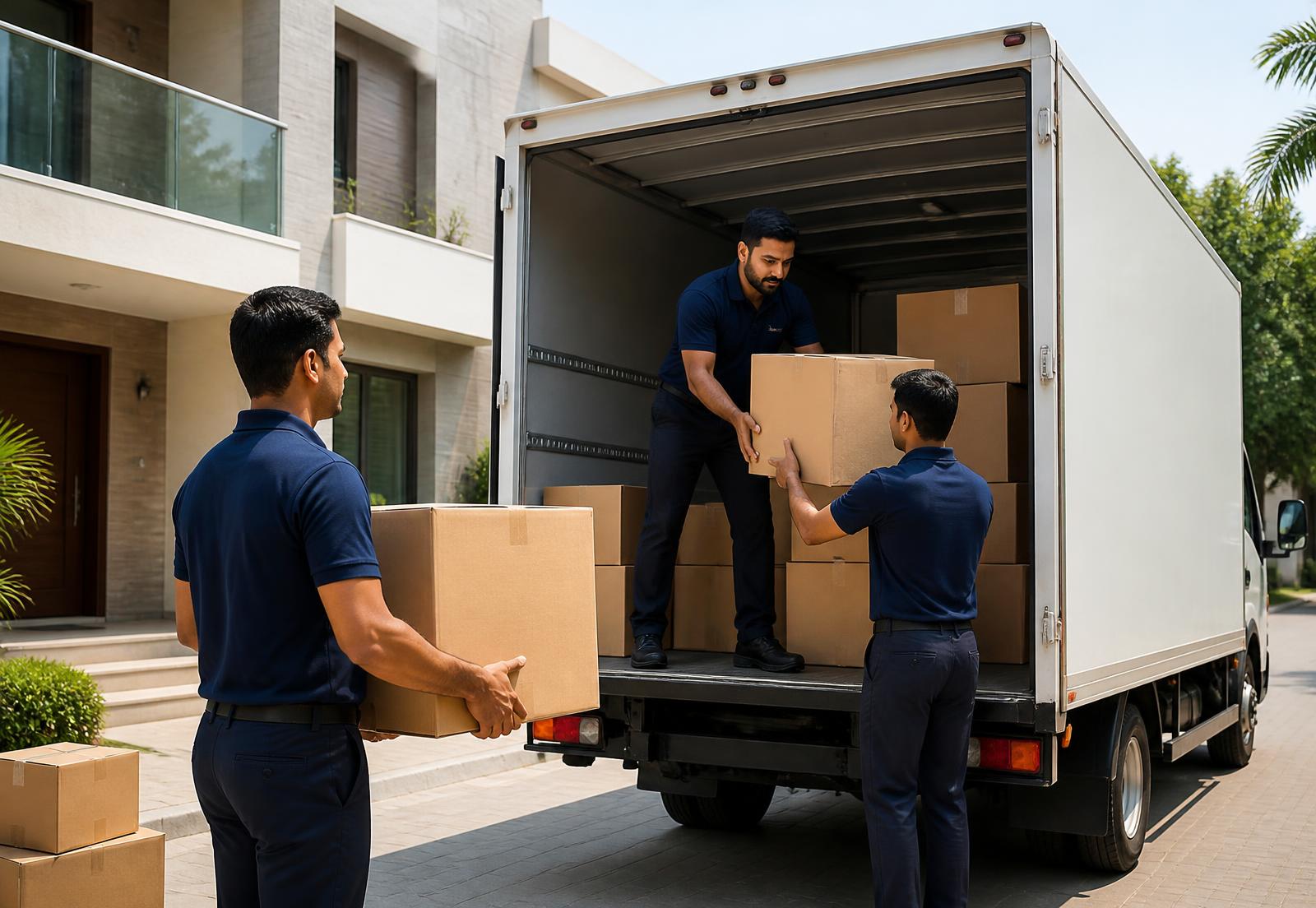 Movers loading packed boxes into a moving truck outside a house
